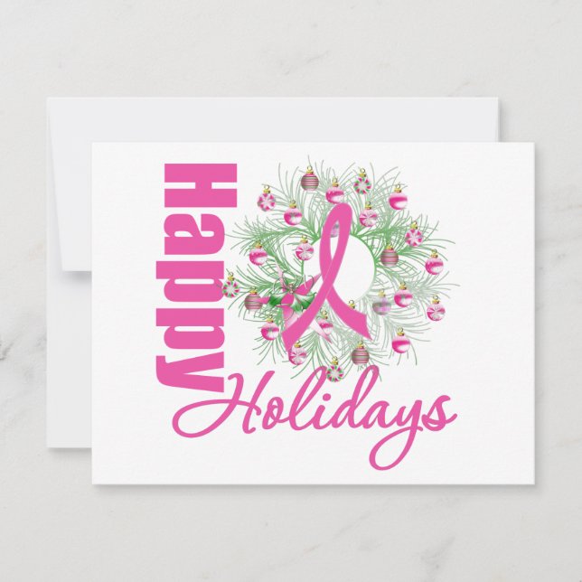 Happy Holidays Pink Ribbon Wreath Feiertagskarte (Vorderseite)