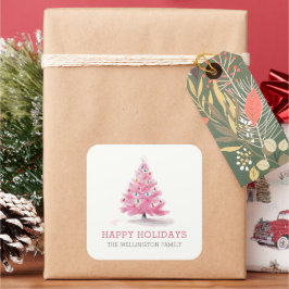 Happy Holidays Pink Weihnachtsbaum Modern Quadratischer Aufkleber