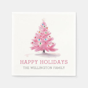 Happy Holidays Pink Weihnachtsbaum Modern Serviette