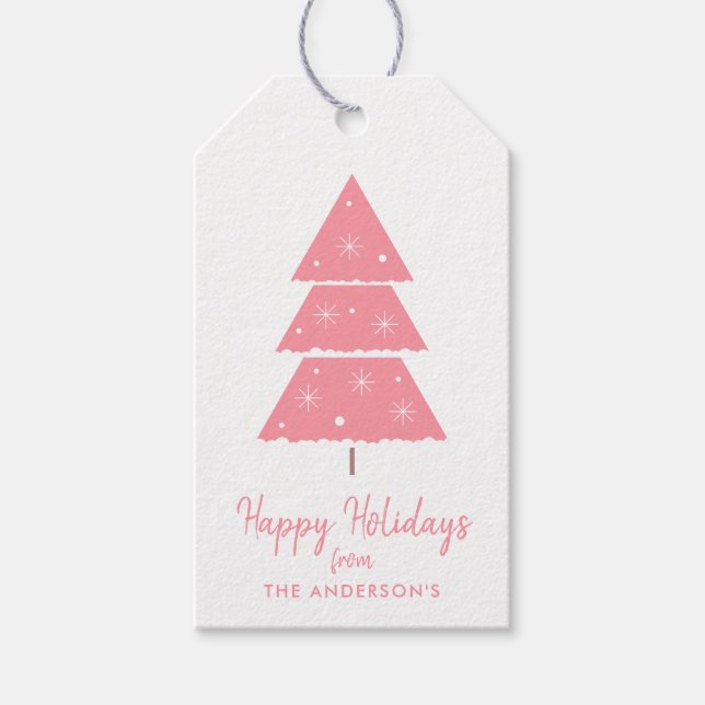 Happy Holidays Pink Weihnachtsbaum Schneeflocken Geschenkanhänger (Vorderseite)