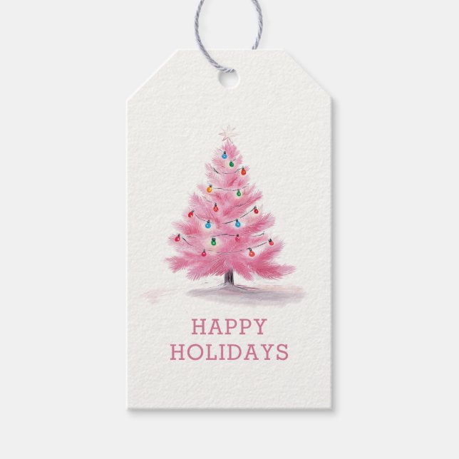 Happy Holidays Pink Weihnachtsbaum Urlaub Geschenkanhänger (Vorderseite)