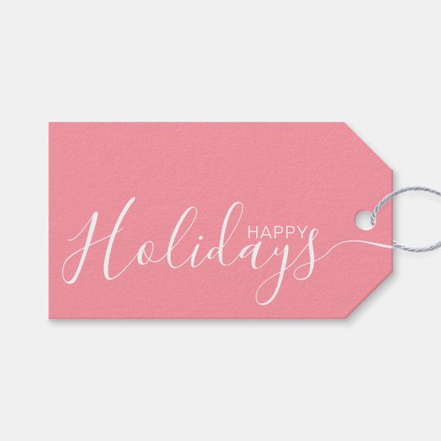 Happy Holidays Pink White Minimalistisch Geschenkanhänger (Vorderseite (Horizontal))