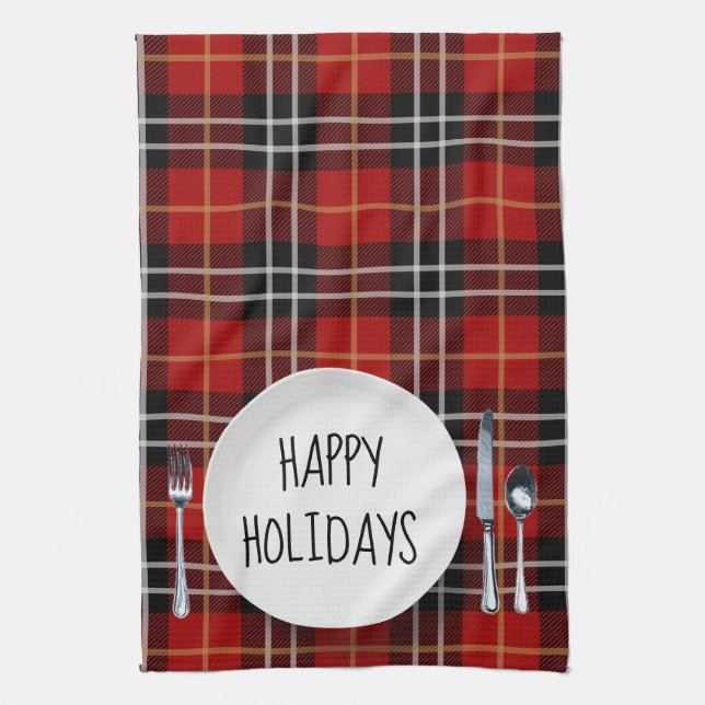 Happy Holidays Plate on Tartan Kariert Geschirrtuch (Vertikal)