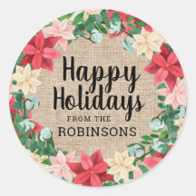 Happy Holidays Poinsettia Brown Burlap
