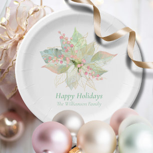 Happy Holidays Poinsettia Pink Gold Elegante Pappteller