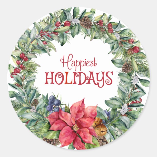 Happy Holidays Poinsettia Runder Aufkleber (Vorderseite)