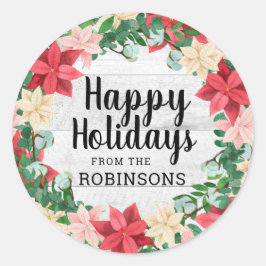 Happy Holidays Poinsettia White Wood Runder Aufkleber