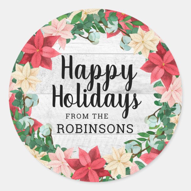 Happy Holidays Poinsettia White Wood Runder Aufkleber (Vorderseite)