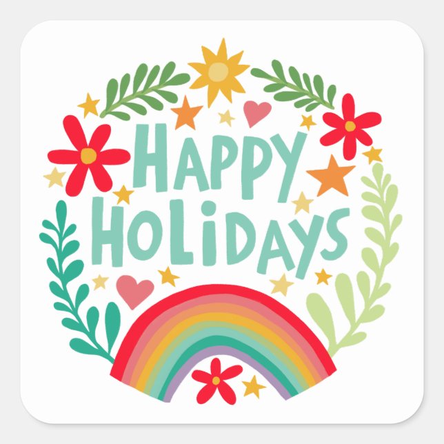 Happy Holidays Rainbow Niedlich Hand gezeichnet fa Quadratischer Aufkleber (Vorderseite)