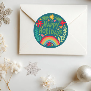 Happy Holidays Rainbow Niedlich Hand gezeichnet fa Runder Aufkleber