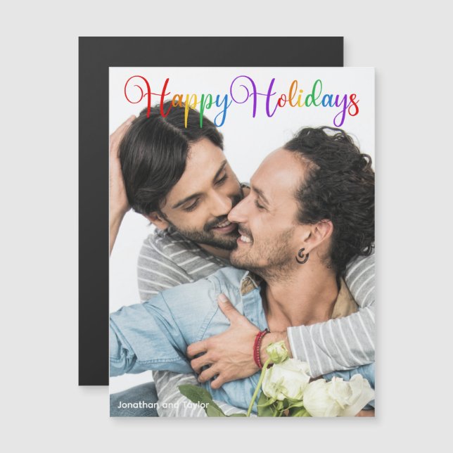 Happy Holidays Rainbow Script LGBTQ Foto Magnet (Vorne/Hinten)