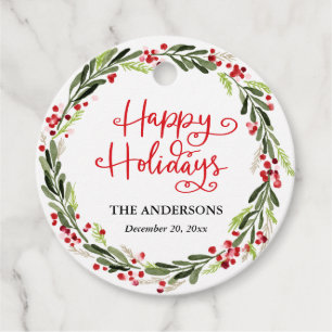 Happy Holidays Red Berry Holly Blätter Wreath Geschenkanhänger