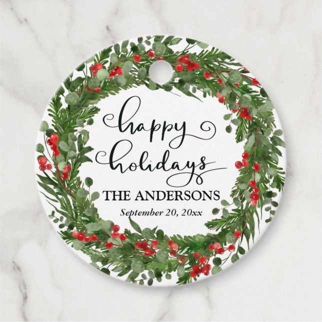 Happy Holidays Red Berry Holly Blätter Wreath Geschenkanhänger (Vorderseite)