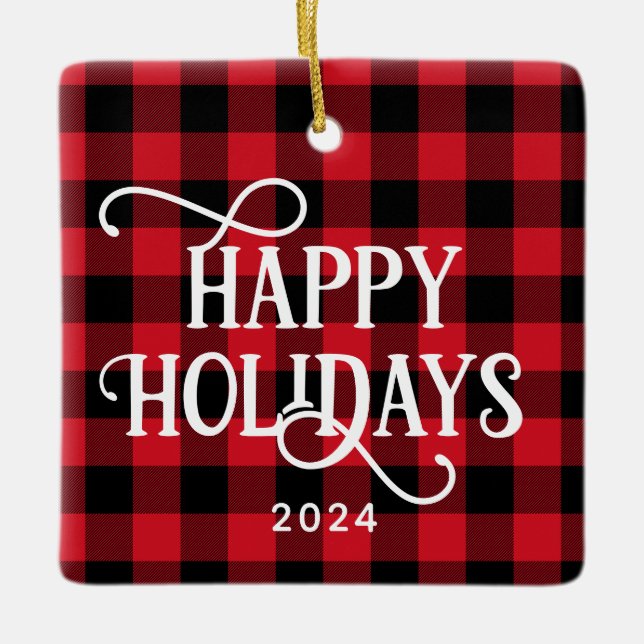 Happy Holidays Red Buffalo Kariertes Family Foto Keramikornament (Vorderseite)