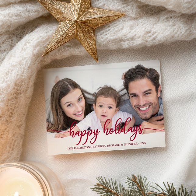 Happy Holidays Red Calligraphy Foto Weihnachten Postkarte (Von Creator hochgeladen)