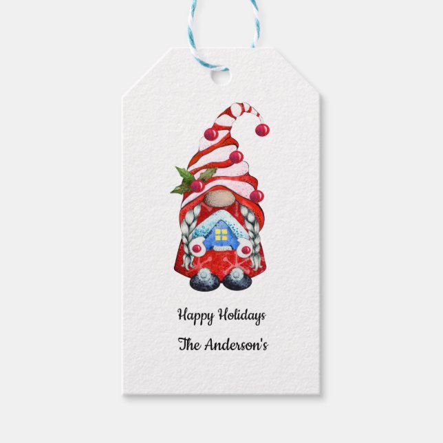 Happy Holidays Red Christmas Gnome Geschenkanhänger (Vorderseite)
