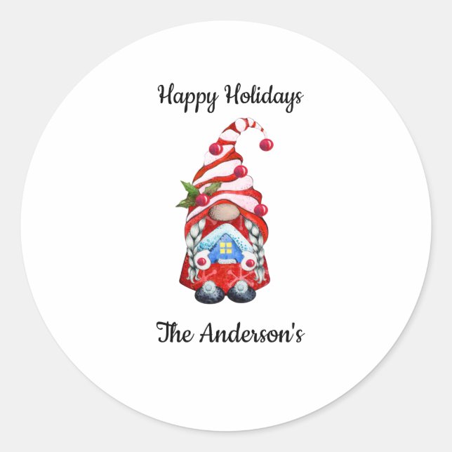 Happy Holidays Red Christmas Gnome Runder Aufkleber (Vorderseite)