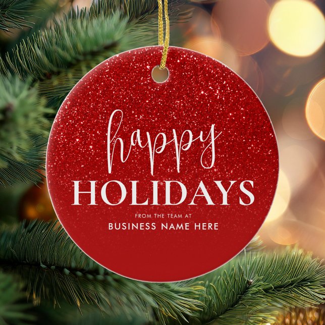 Happy Holidays Red Glitzer Modernes Business Keramik Ornament (Von Creator hochgeladen)