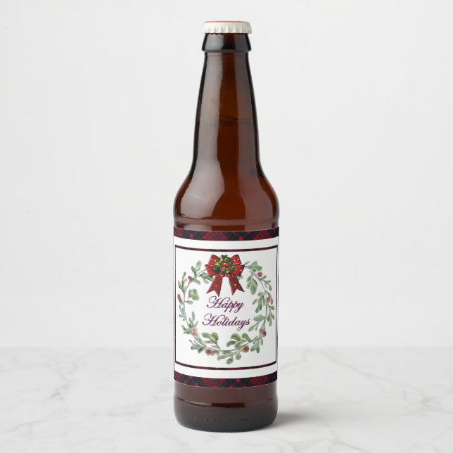 Happy Holidays Red Kariert Beer Flasche Etikett (Vorderseite)