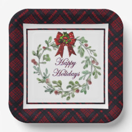 Happy Holidays Red Kariert Pappteller