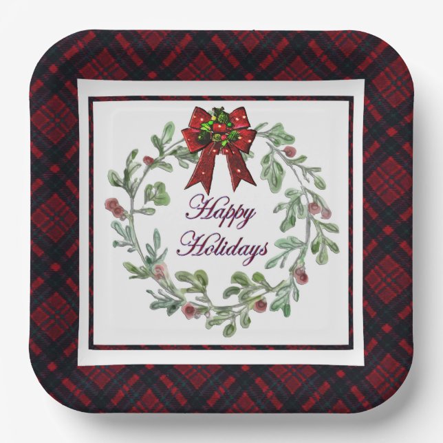 Happy Holidays Red Kariert Pappteller (Vorderseite)