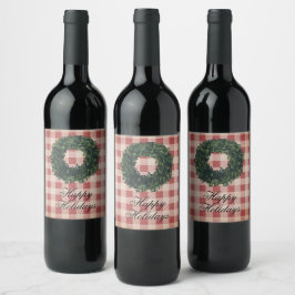 Happy Holidays Red Kariert Typografy Wreath Weinetikett