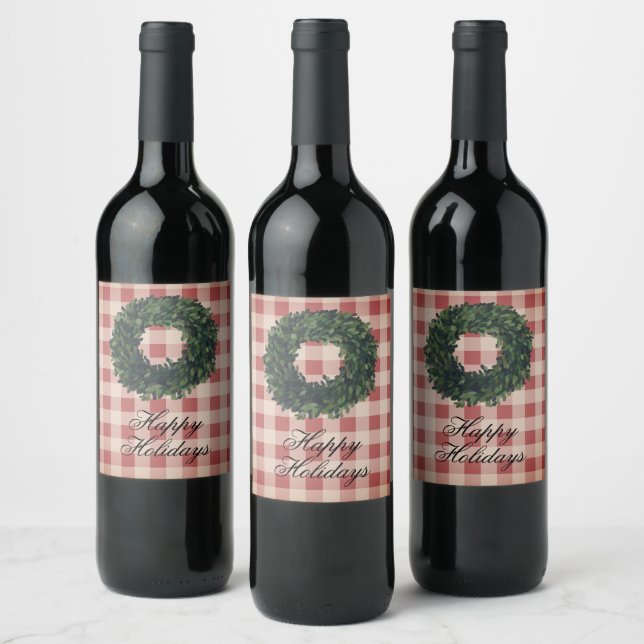 Happy Holidays Red Kariert Typografy Wreath Weinetikett (Flaschen)