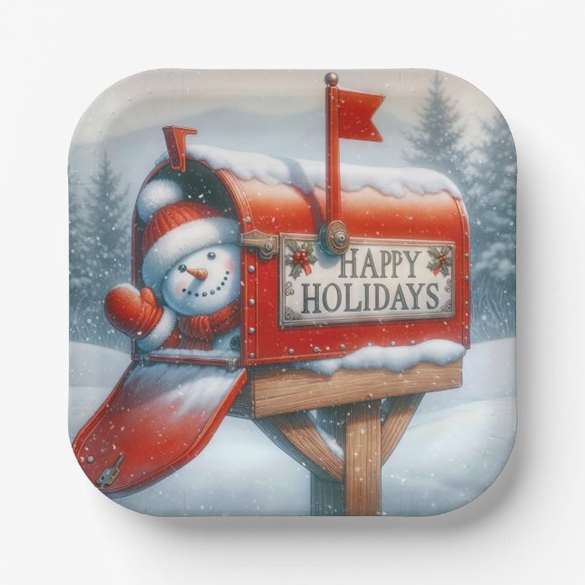 Happy Holidays Red Mailbox mit aufstrebendem Schne Pappteller (Vorderseite)