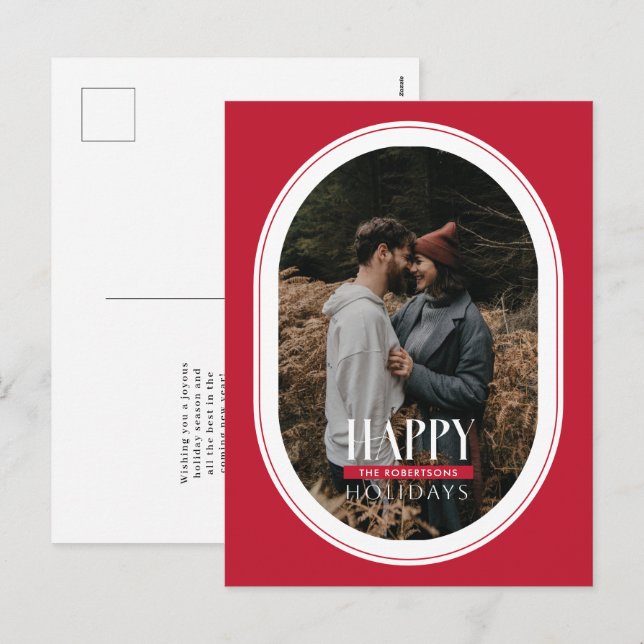 Happy Holidays Red Oval Frame Photo Carte postale (Devant / Derrière)