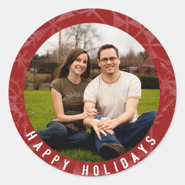 Happy Holidays Red Snowflake Foto Runder Aufkleber (Vorderseite)