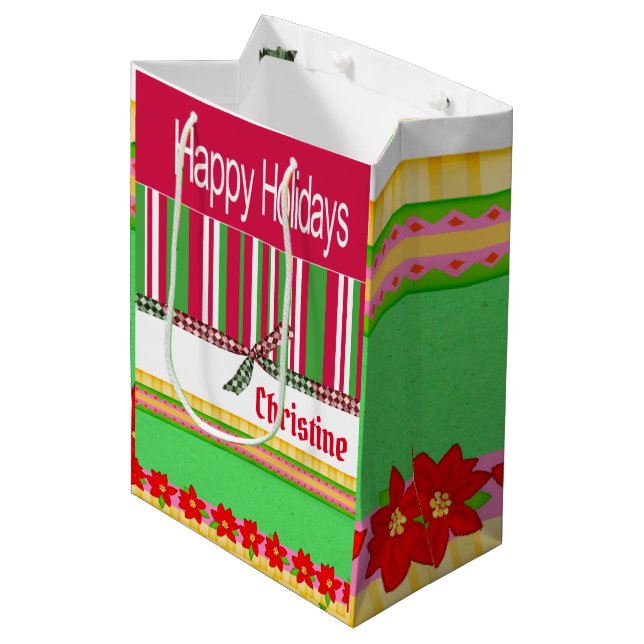 Happy Holidays Red Stripe Weihnachtsgeschenke Tasc Mittlere Geschenktüte (Vorderseite Schrägansicht)