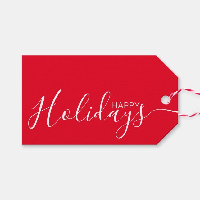 Happy Holidays Red White Minimalistisch Geschenkanhänger (Vorderseite (Horizontal))