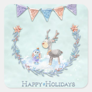 Happy Holidays Reindeer Bunny Wreath Snow Scene Quadratischer Aufkleber