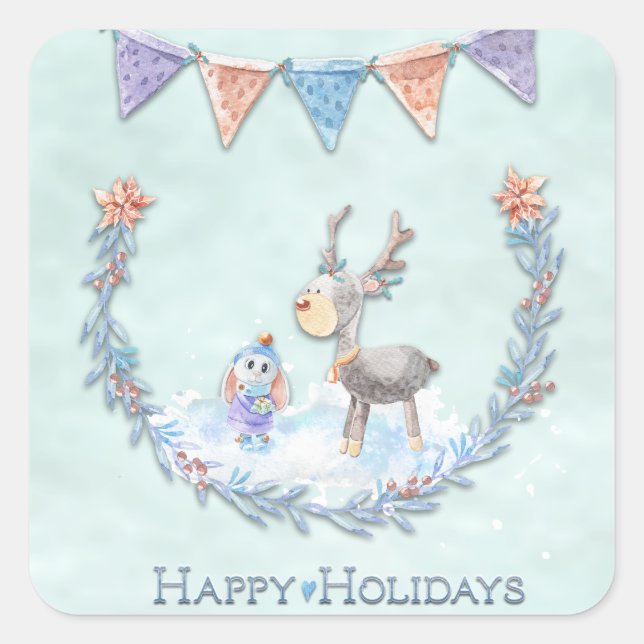Happy Holidays Reindeer Bunny Wreath Snow Scene Quadratischer Aufkleber (Vorderseite)