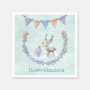 Happy Holidays Reindeer Bunny Wreath Snow Scene Serviette