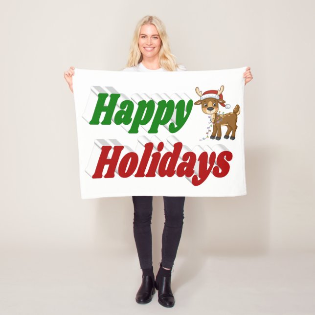 Happy Holidays Reindeer Weihnachtstypografie Fleecedecke (Beispiel)