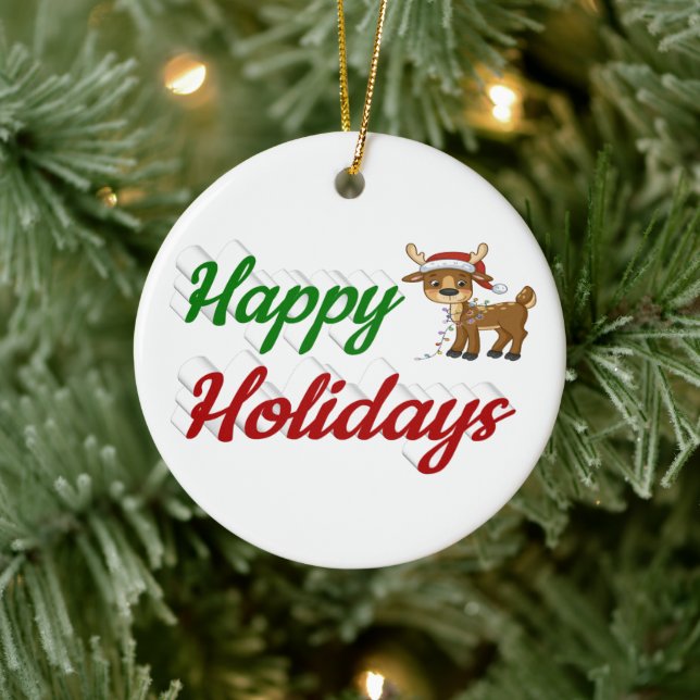 Happy Holidays Rentier Weihnachtsskript Keramik Ornament (Baum)