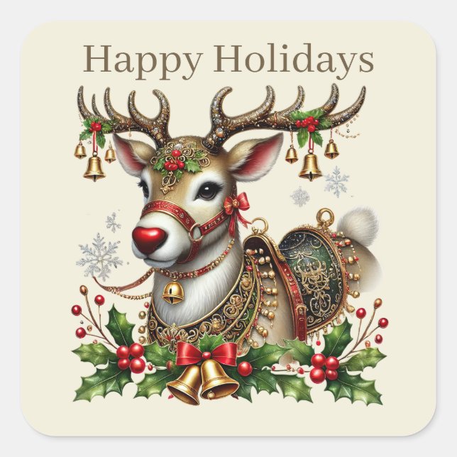Happy Holidays Rentiere Weihnachten hinzufügen Tex Quadratischer Aufkleber (Vorderseite)