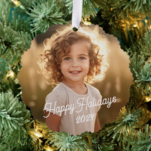 Happy Holidays Retro Schriftart Foto Ornament Karte (Insitu (Baum))
