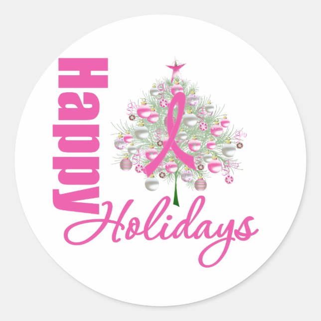 Happy Holidays Rosa Brustkrebs Schleife Runder Aufkleber (Vorderseite)