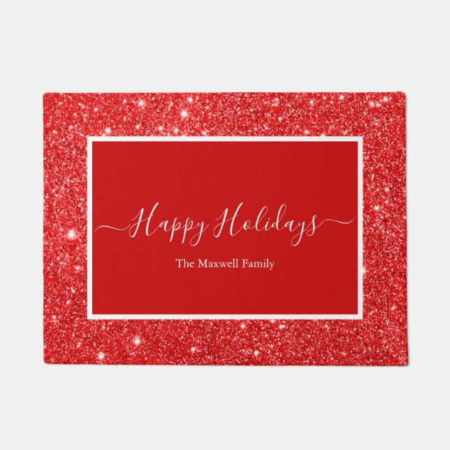 Happy Holidays Roter Glitzer Familienname Fußmatte (Vorderseite)
