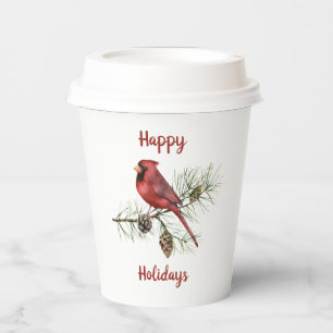 Happy Holidays Roter Kardinal auf Kiefernzweig Pappbecher