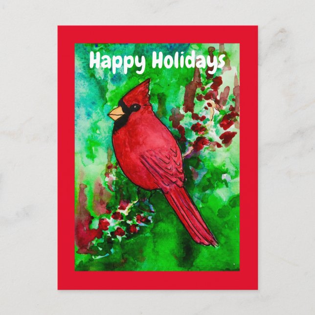 Happy Holidays Roter Kardinal Bird Green Forest Postkarte (Vorderseite)