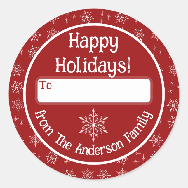 Happy Holidays Roter Sticker mit Schneeflocken (Vorderseite)
