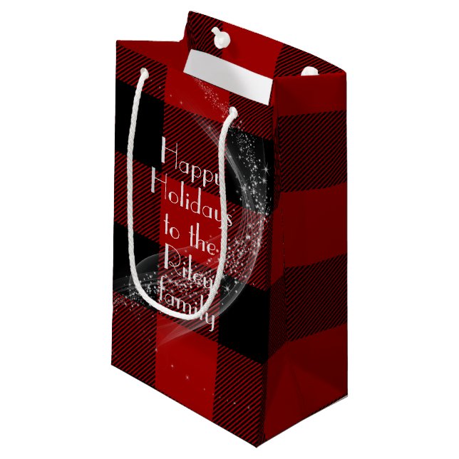Happy Holidays Rotes schwarzes Büffel kariert Kleine Geschenktüte (Vorderseite Schrägansicht)