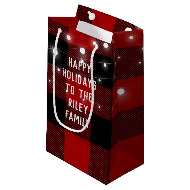 Happy Holidays Rotes schwarzes Büffel kariert Kleine Geschenktüte (Vorderseite Schrägansicht)