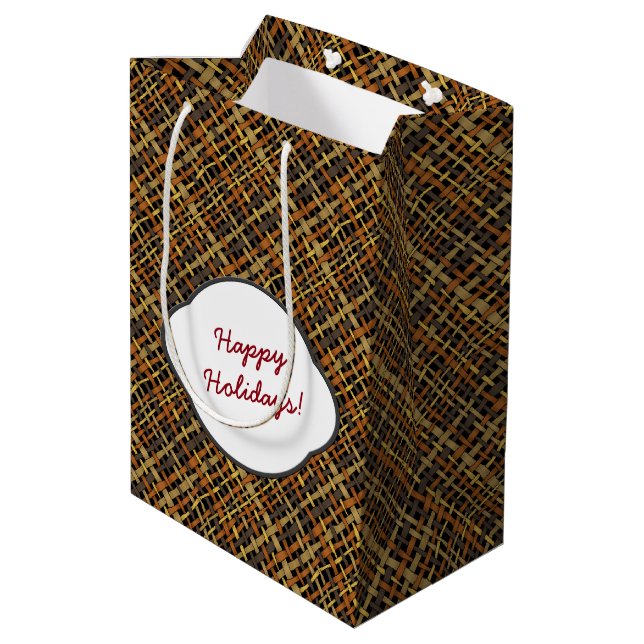 Happy Holidays Rough Graphic Burlap Mittlere Geschenktüte (Rückseite Schrägansicht)