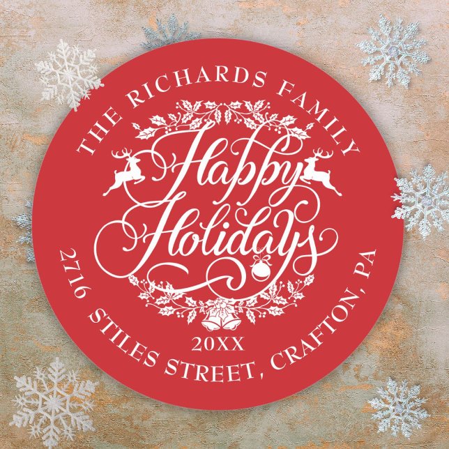 Happy Holidays Rücksendeadresse Elegante Weihnacht Runder Aufkleber (Happy Holidays Return Address Elegant Christmas Classic Round Sticker)