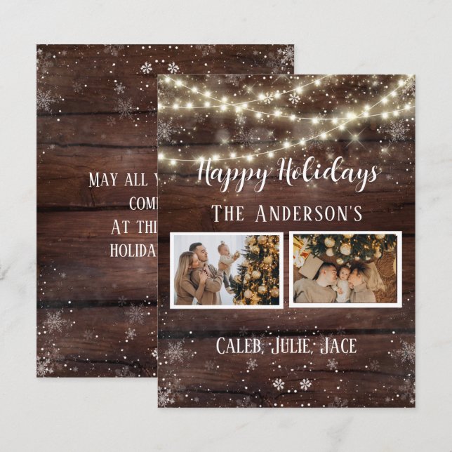 Happy Holidays Rustic 2 Foto Collage Family Card Mitteilungskarte (Vorne/Hinten)