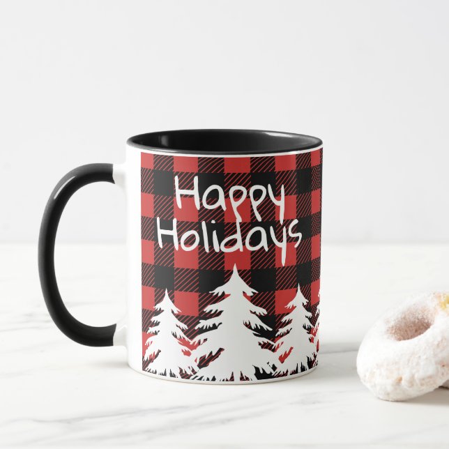 Happy Holidays Rustic Buffalo Karierte & weiße Bäu Tasse (Mit Donut)